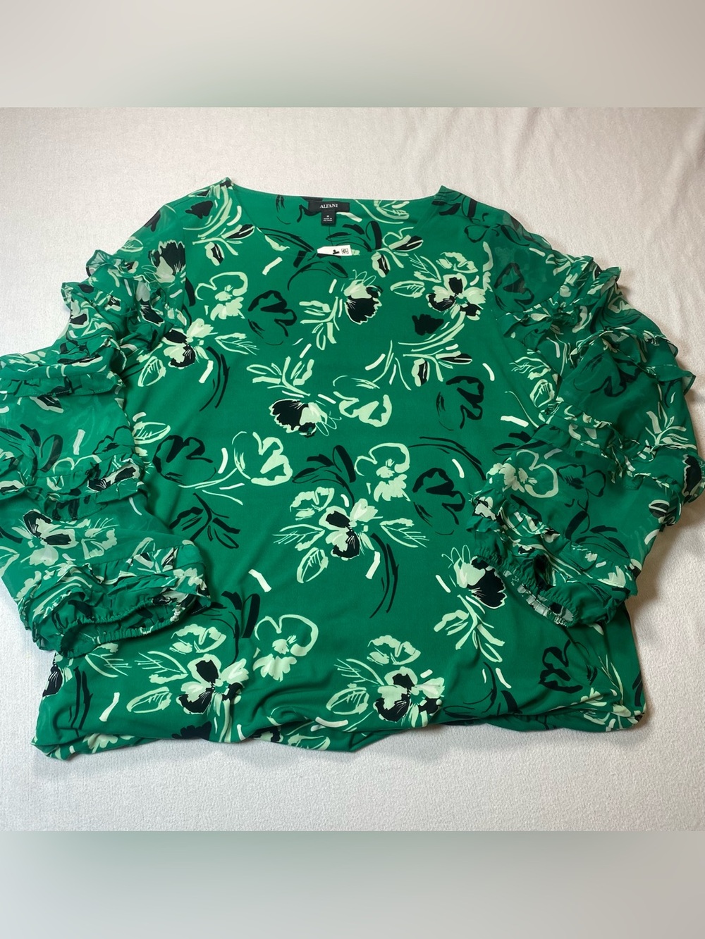Alfani Green Floral Ruffle-Sleeve Blouse
